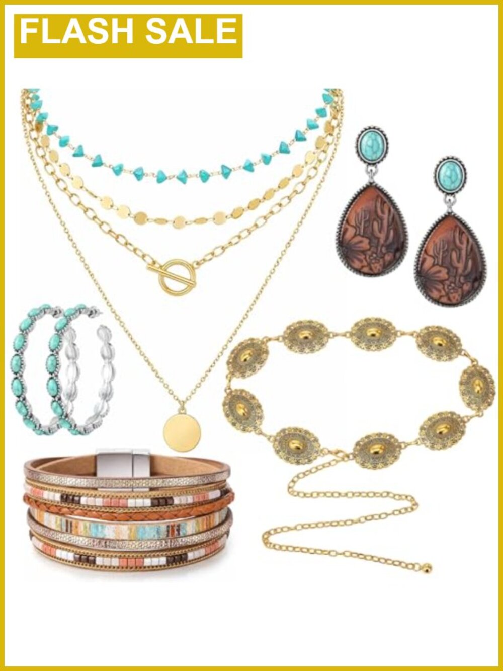 Bohemian Layered Gold Necklace Earrings Waist Chain Wristband Set 5pc Women